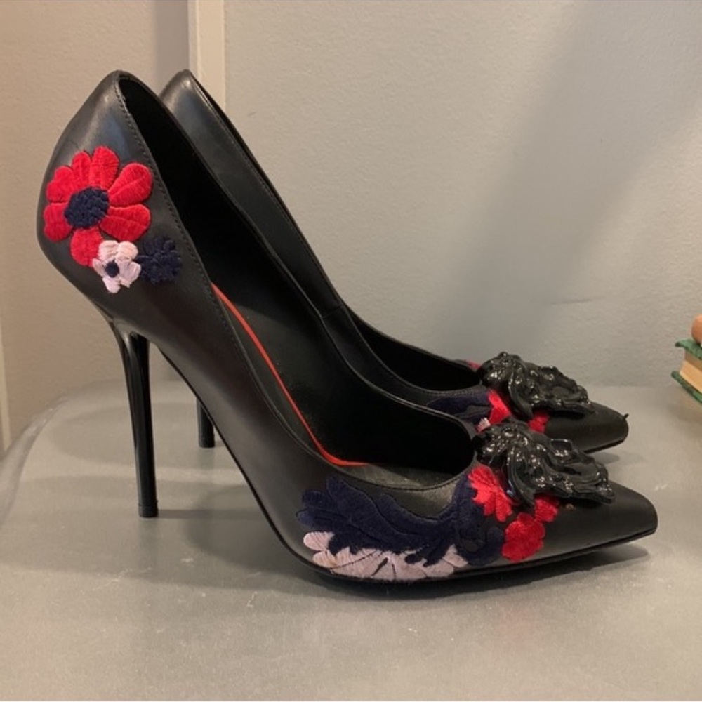 Authentic $1800 Versace Black Leather  with Floral Embroidery  perfect cond